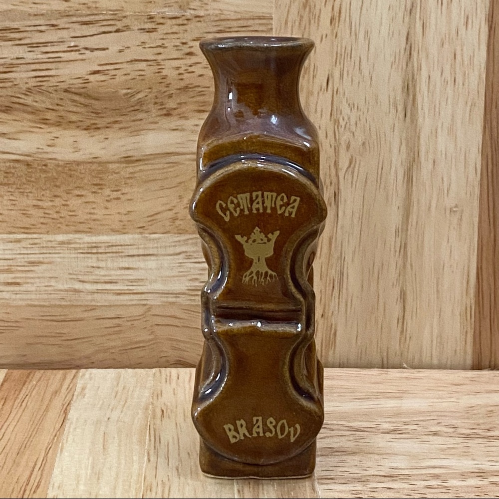 Cetatea Brasov Romania Souvenir Brown Ceramic 4” Mini Vase
